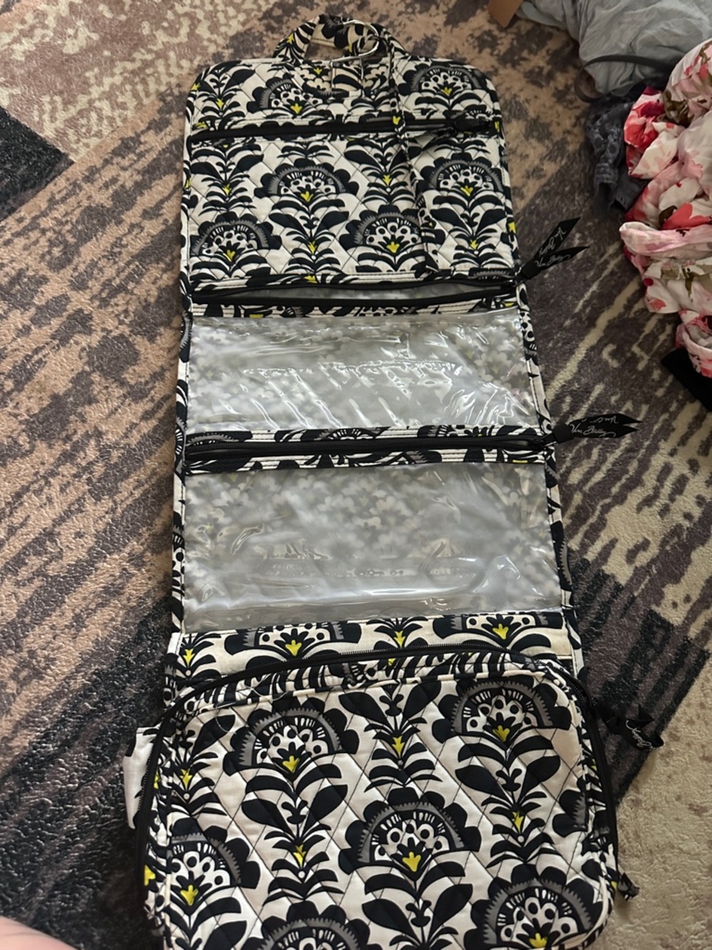 Vera Bradley Black White and Yellow Quilted Hanging Cosmetic Organizer